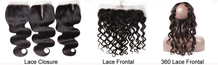 What are the different between lace closure, lace frontal and 360 lace frontal?